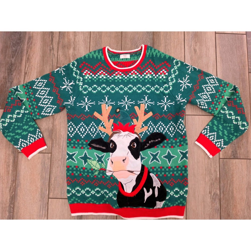 Holiday Time Cow Reindeer Ugly Christmas Sweater Green Red Fair Isle Large